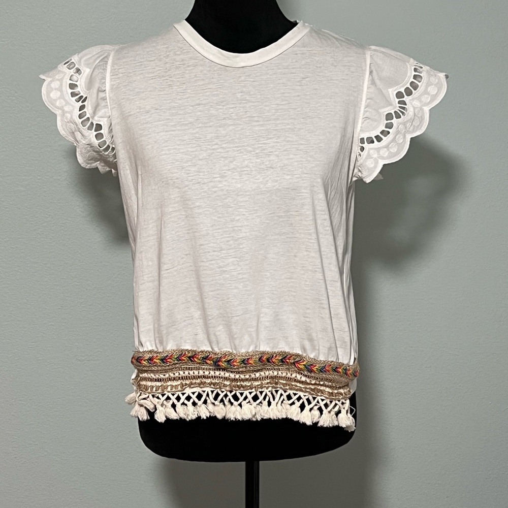 SENSE Women’s Ruffle Eyelet Sleeve Crochet Fringe Trimmed Cotton T-Shirt- S